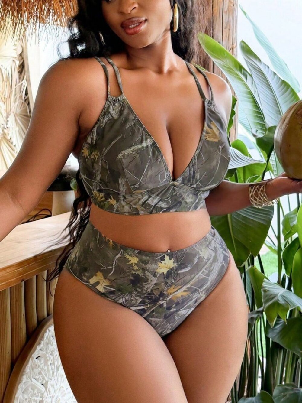 Multicolor Sexy Women's Plus Size Vacation Tree Branch Print Bikini Set